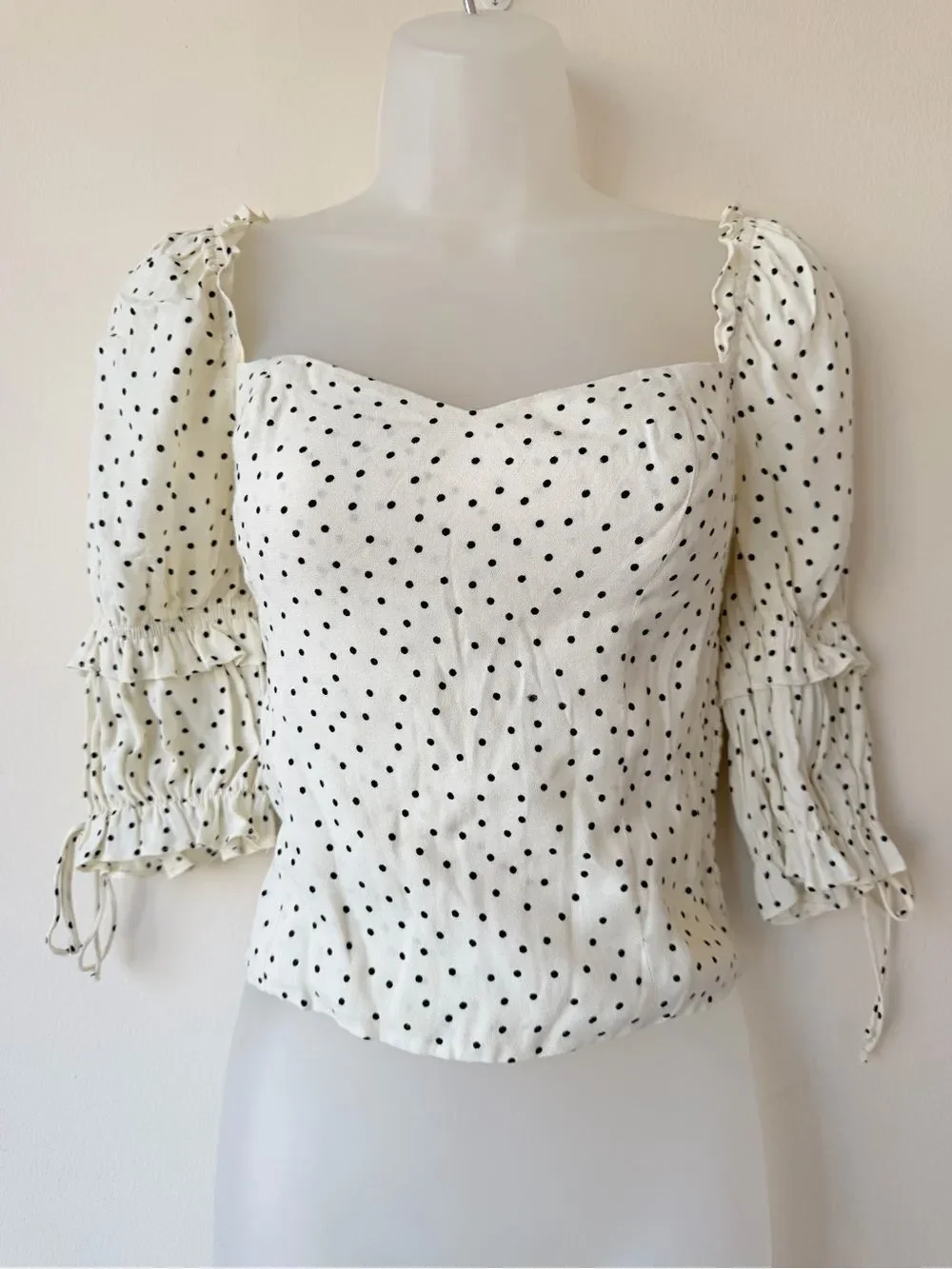 REFORMATION Nina‎ Blouse Polka Dot Puff Sleeve Womens  Top Size 4 Ivory Black
